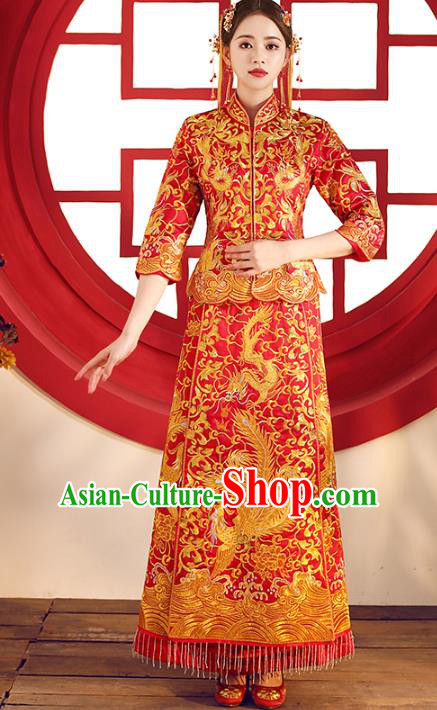 Top Grade Chinese Traditional Wedding Costumes Bride Embroidered Dragon Phoenix Xiuhe Suits for Women