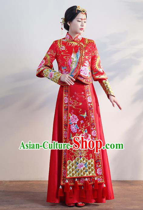 Chinese Traditional Wedding Costumes Longfeng Flown Bride Embroidered Phoenix Red Xiuhe Suits for Women