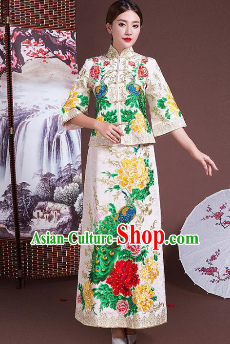 Chinese Traditional Wedding Costumes Longfeng Flown Bride Embroidered Peacock White Xiuhe Suits for Women