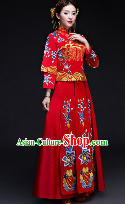 Chinese Traditional Wedding Costumes Longfeng Flown Bride Embroidered Flowers Red Xiuhe Suits for Women