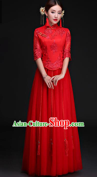 Chinese Traditional Wedding Costumes Longfeng Flown Bride Embroidered Lace Xiuhe Suits for Women