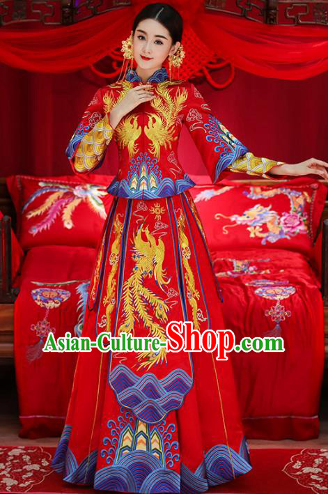 Top Grade Chinese Traditional Wedding Costumes Longfeng Flown Bride Embroidered Trailing Xiuhe Suits for Women