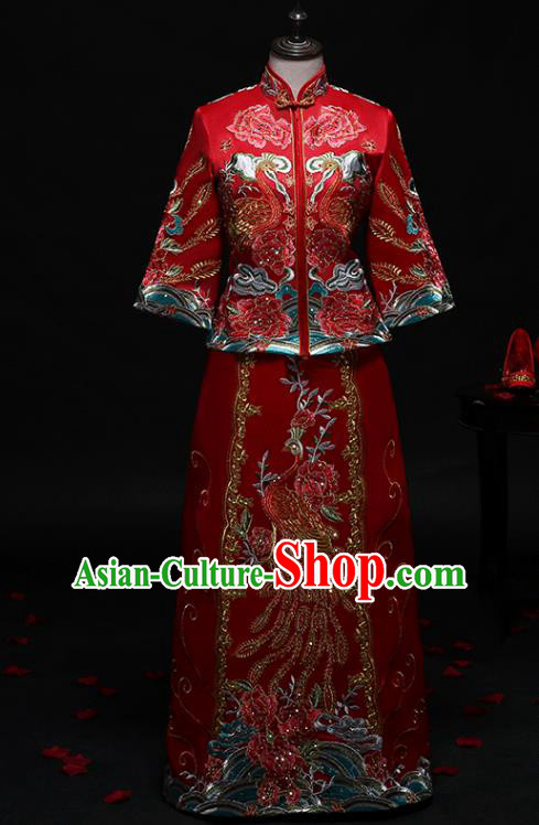 Chinese Traditional Embroidered Phoenix Wedding Costumes Ancient Diamante Longfeng Flown Bride Xiuhe Suits for Women