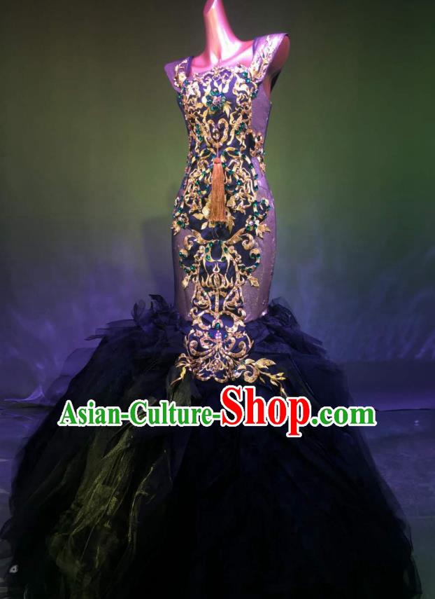 Top Grade Stage Performance Compere Costume Models Catwalks Black Veil Mermaid Full Dress for Women