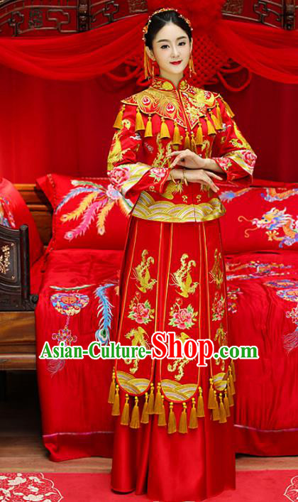 Top Grade Chinese Traditional Wedding Costumes Longfeng Flown Bride Embroidered Peony Xiuhe Suits for Women