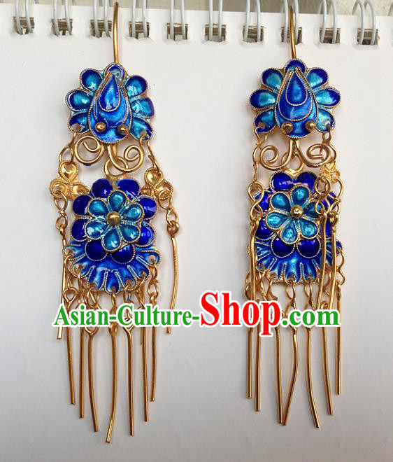 Handmade Chinese Miao Nationality Blueing Tassel Earrings Hmong Sliver Eardrop for Women