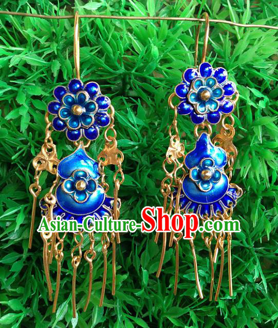 Handmade Chinese Miao Nationality Blueing Calabash Tassel Earrings Hmong Sliver Eardrop for Women