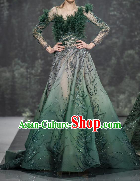 Top Grade Stage Performance Costume Models Stalkshow Green Trailing Full Dress for Women