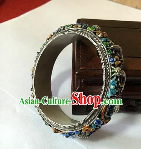 Handmade Chinese Miao Nationality Sliver Bracelet Traditional Hmong Blueing Lotus Bangle for Women