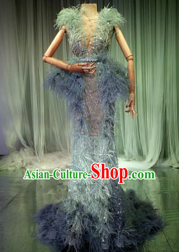 Top Grade Models Catwalks Costume Blue Full Dress Stage Performance Compere Clothing for Women