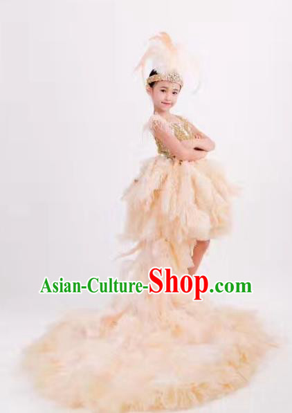 Children Models Show Costume Stage Performance Modern Dance Catwalks White Feather Trailing Dress for Kids