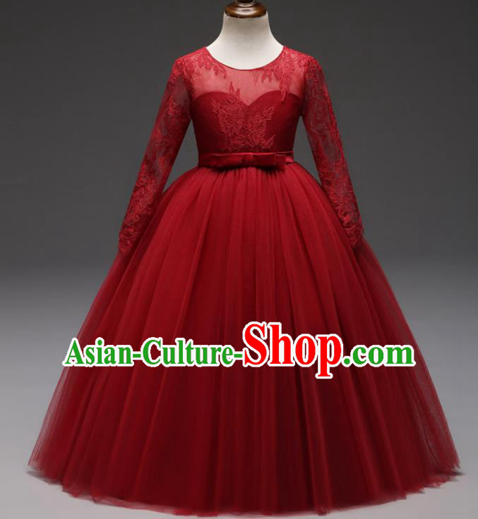 Children Models Show Costume Stage Performance Modern Dance Compere Red Lace Veil Dress for Kids