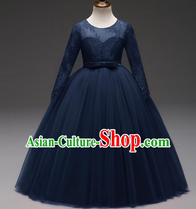 Children Models Show Costume Stage Performance Modern Dance Compere Navy Lace Veil Dress for Kids