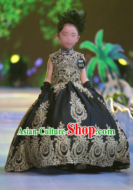 Children Models Show Costume Stage Performance Modern Dance Compere Black Veil Dress for Kids