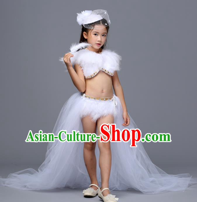 Children Models Show Costume Stage Performance Catwalks Compere White Feather Trailing Dress for Kids
