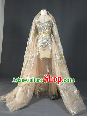 Top Grade Models Show Costume Stage Performance Catwalks Compere Golden Trailing Full Dress for Women