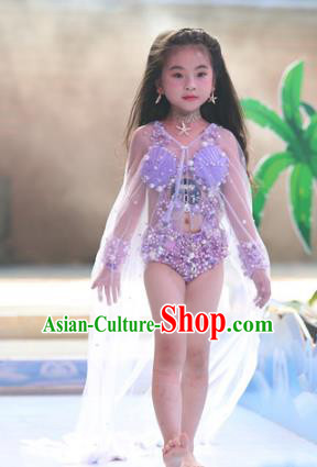 Children Models Show Costume Stage Performance Catwalks Purple Full Dress for Kids