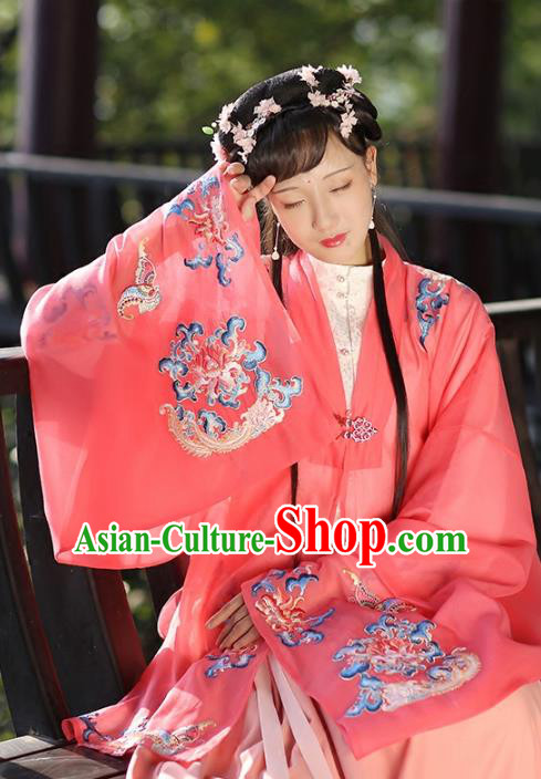 Ancient Chinese Ming Dynasty Palace Princess Costume Embroidered Red Cloak for Women