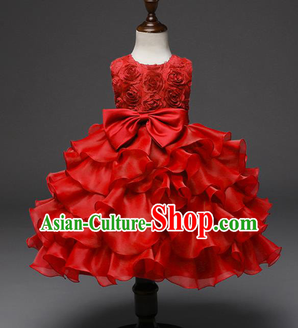 Top Grade Children Catwalks Costume Princess Stage Performance Bowknot Red Bubble Dress for Kids