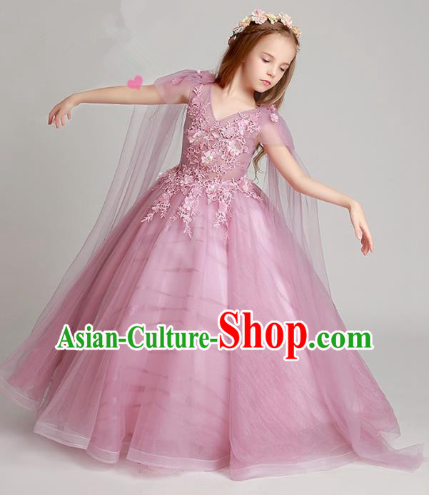 Top Grade Children Catwalks Costume Modern Dance Stage Performance Flower Fairy Princess Pink Dress for Kids