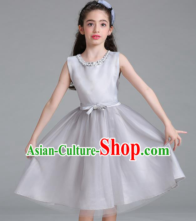 Children Models Show Compere Costume Stage Performance Catwalks Grey Veil Full Dress for Kids