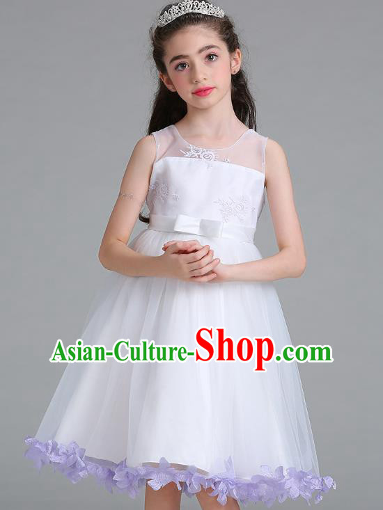 Children Models Show Compere Costume Stage Performance Girls Princess Purple Petals Full Dress for Kids