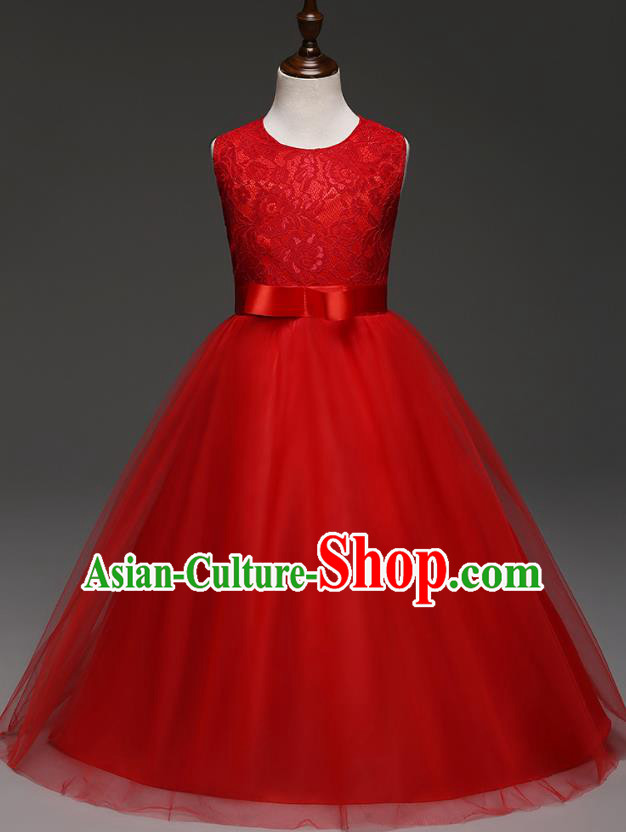 Children Models Show Costume Compere Red Lace Full Dress Stage Performance Clothing for Kids