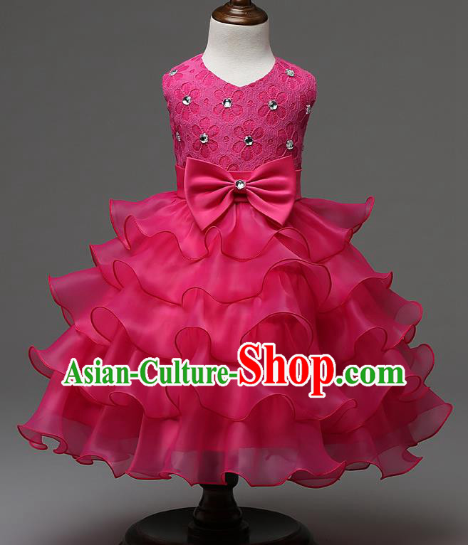 Children Fairy Princess Rosy Layered Dress Stage Performance Catwalks Compere Costume for Kids