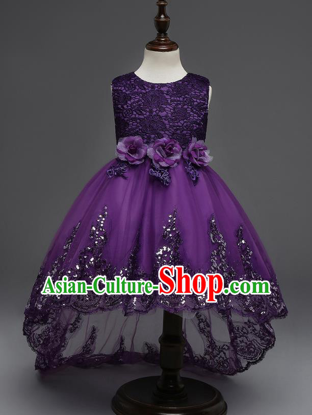 Children Fairy Princess Purple Lace Dress Stage Performance Catwalks Compere Costume for Kids