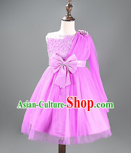 Children Fairy Princess Bowknot Lilac Dress Stage Performance Catwalks Compere Costume for Kids