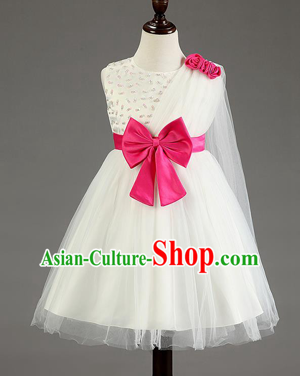 Children Fairy Princess Bowknot White Dress Stage Performance Catwalks Compere Costume for Kids