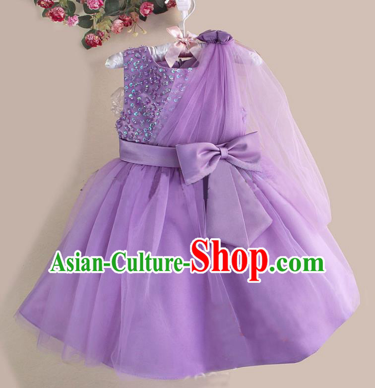 Children Fairy Princess Bowknot Purple Dress Stage Performance Catwalks Compere Costume for Kids