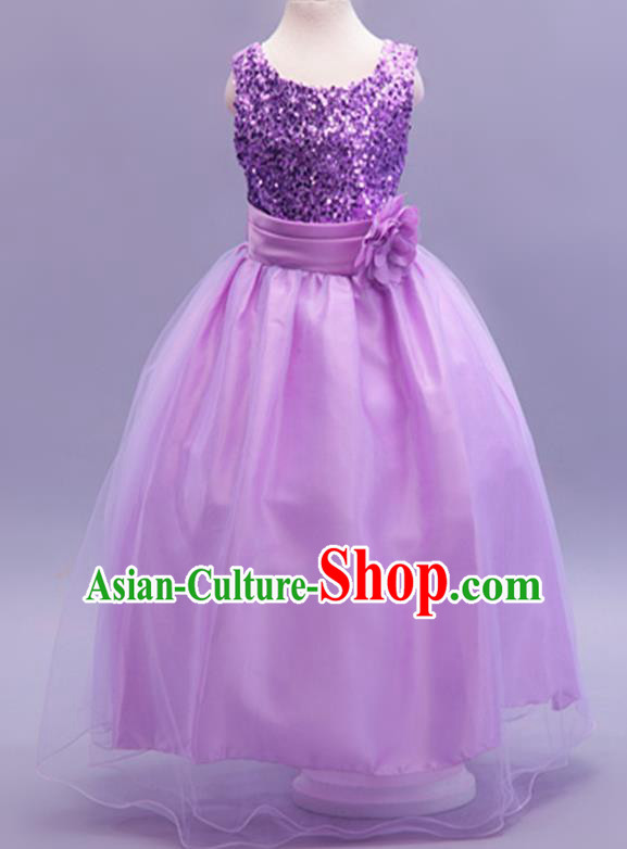 Children Modern Dance Purple Sequins Dress Stage Performance Catwalks Compere Costume for Kids