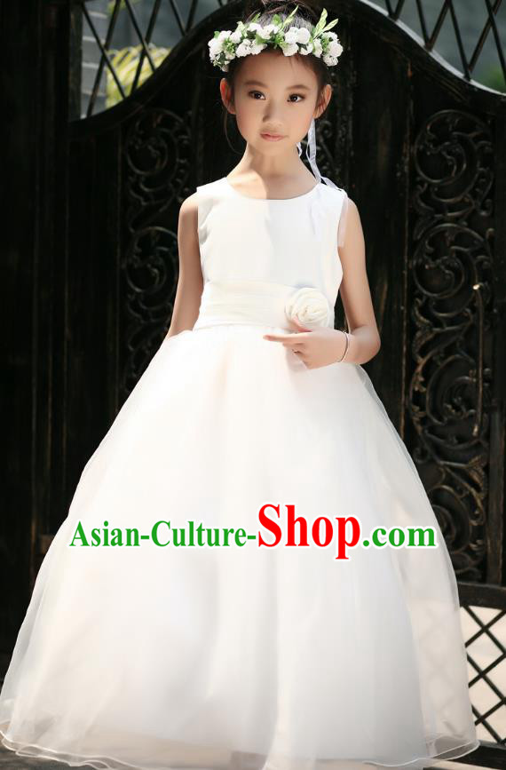 Children Modern Dance Princess White Dress Stage Performance Catwalks Compere Costume for Kids
