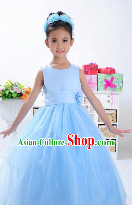 Children Modern Dance Princess Blue Dress Stage Performance Catwalks Compere Costume for Kids