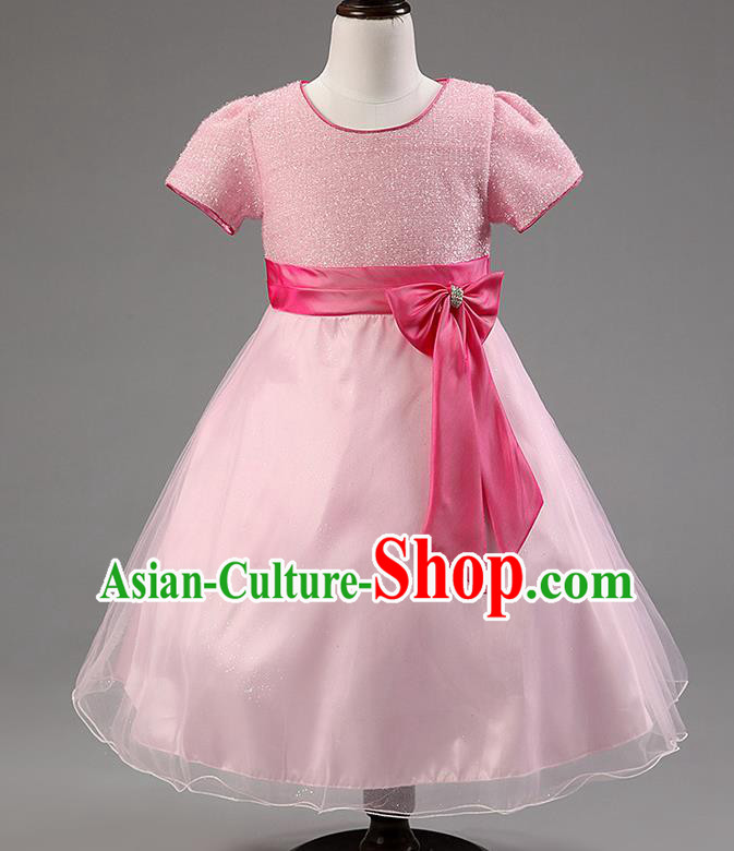 Children Modern Dance Pink Bowknot Bubble Dress Stage Performance Compere Catwalks Costume for Kids