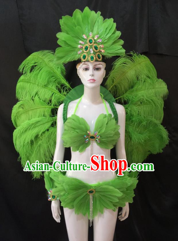 Top Grade Brazilian Carnival Samba Dance Costume Miami Catwalks Green Feather Swimsuit and Angel Wings for Women