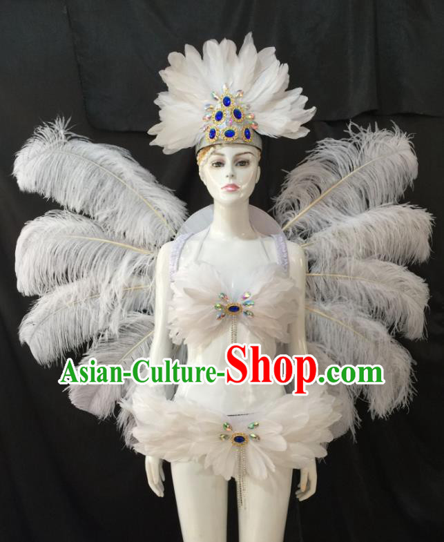 Top Grade Brazilian Carnival Samba Dance Costume Miami Catwalks White Feather Swimsuit and Angel Wings for Women