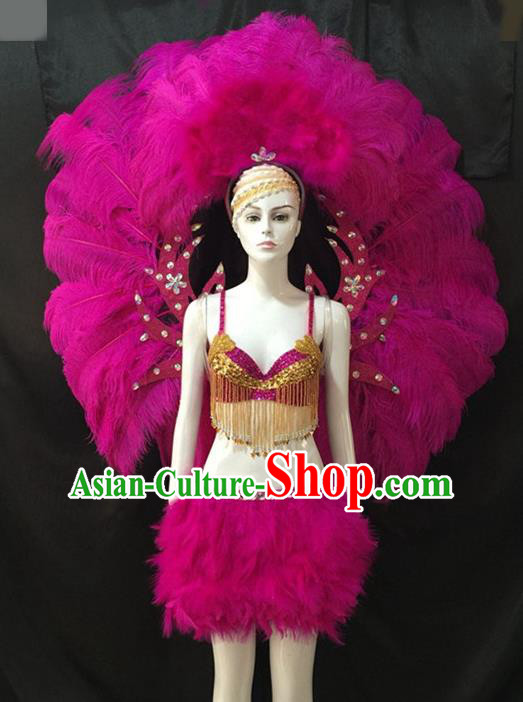 Top Grade Brazilian Carnival Samba Dance Costumes Halloween Miami Catwalks Rosy Feather Swimsuit and Wings for Women