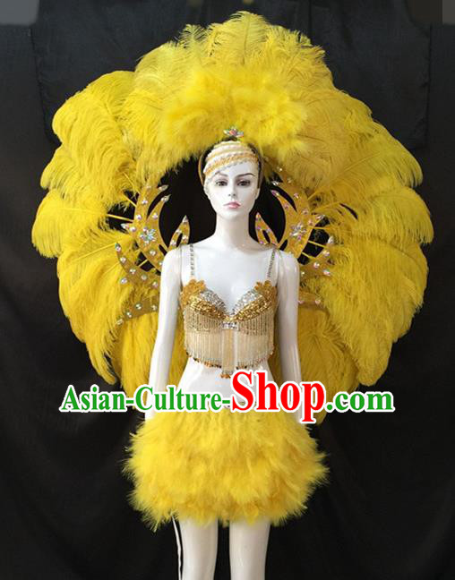 Top Grade Brazilian Carnival Samba Dance Costumes Halloween Miami Catwalks Yellow Feather Swimsuit and Wings for Women
