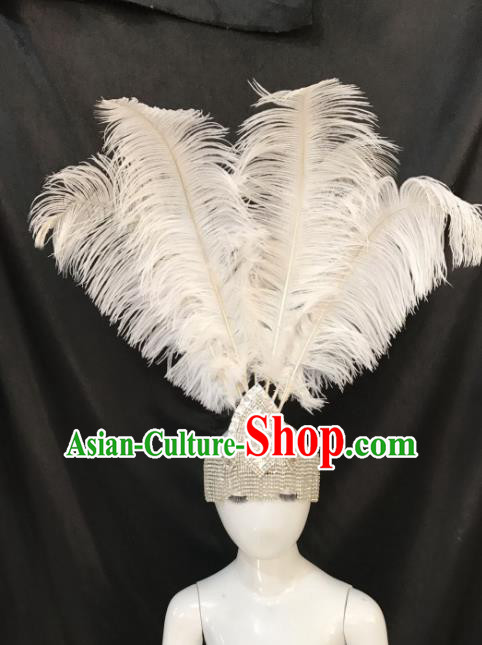 Brazilian Carnival Samba Dance Hair Accessories Miami Deluxe Crystal White Feather Headdress for Kids