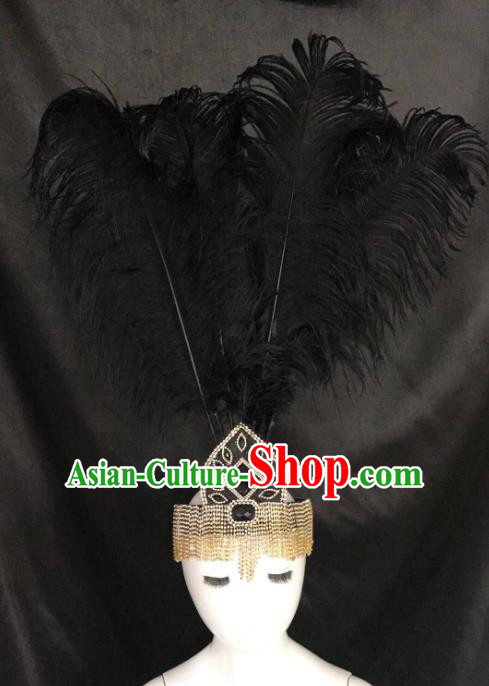 Brazilian Carnival Samba Dance Hair Accessories Miami Deluxe Crystal Black Feather Headdress for Kids