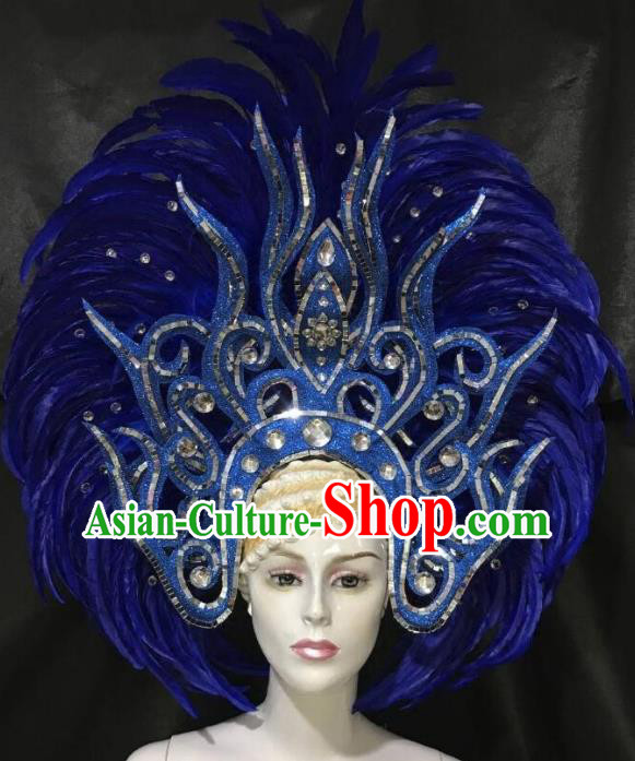 Brazilian Carnival Samba Dance Hair Accessories Dionysia Catwalks Royalblue Feather Headdress for Women