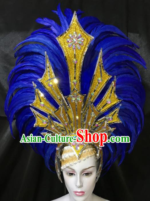 Brazilian Carnival Samba Dance Deluxe Hair Accessories Dionysia Miami Catwalks Blue Feather Headdress for Women