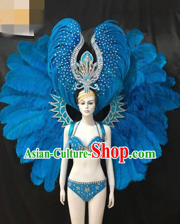 Brazilian Rio Carnival Blue Feather Costumes Halloween Catwalks Swimsuit and Deluxe Feather Wings Headwear for Women