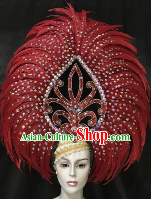 Brazilian Samba Dance Red Feather Hair Accessories Rio Carnival Catwalks Deluxe Headwear for Women