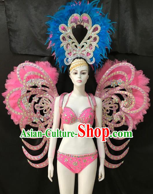 Brazilian Rio Carnival Samba Dance Costumes Halloween Catwalks Swimsuit and Pink Feather Butterfly Wings Headwear for Women