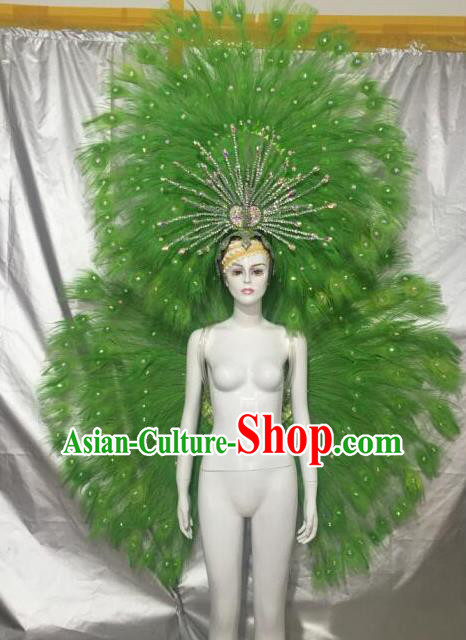 Brazilian Catwalks Samba Dance Props Rio Carnival Green Feather Angel Wings and Headwear for Women