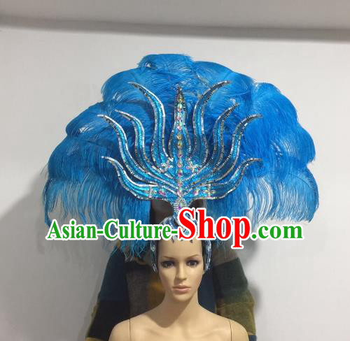 Brazilian Samba Dance Blue Feather Hair Accessories Rio Carnival Roman Deluxe Headwear for Women