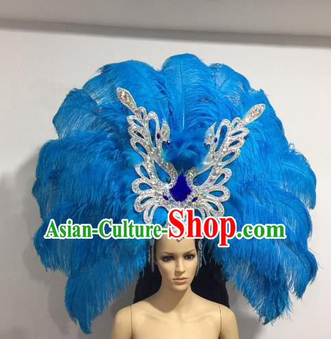 Brazilian Samba Dance Catwalks Hair Accessories Rio Carnival Blue Ostrich Feather Deluxe Headwear for Women